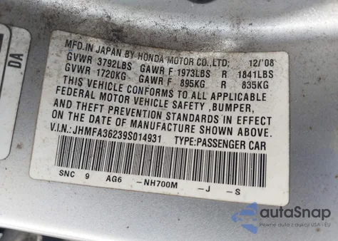 2009 Honda Civic Hybrid z USA, uszkodzony, nr VIN JHMFA36239S014931